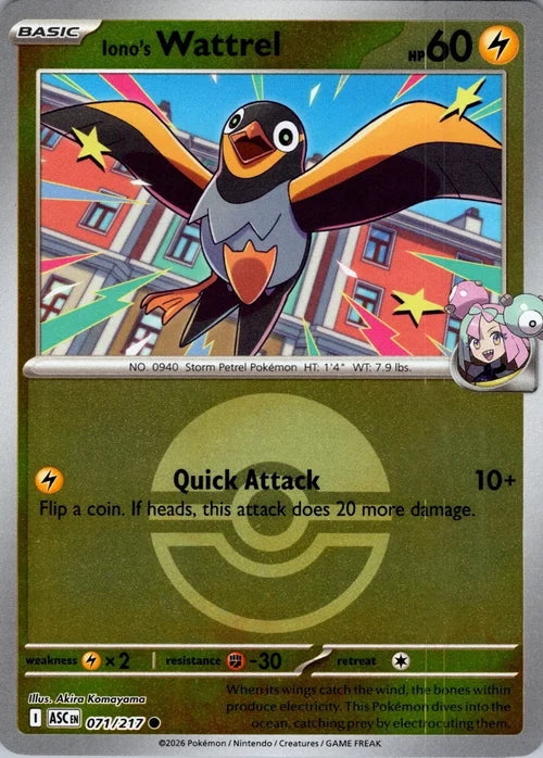 Ascended Heroes Iono’s Wattrel #071/217 Pokeball Reverse Holo