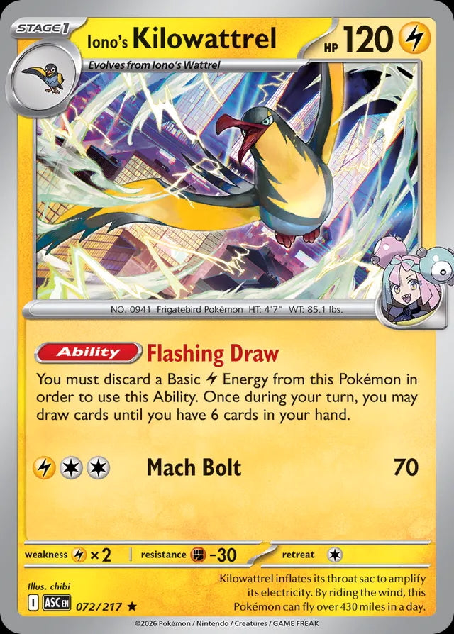 Ascended Heroes Iono’s Holo Kilowattrel #072/217