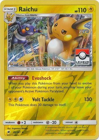 Burning Shadows Holo Raichu #41 Fourth Place League Promo